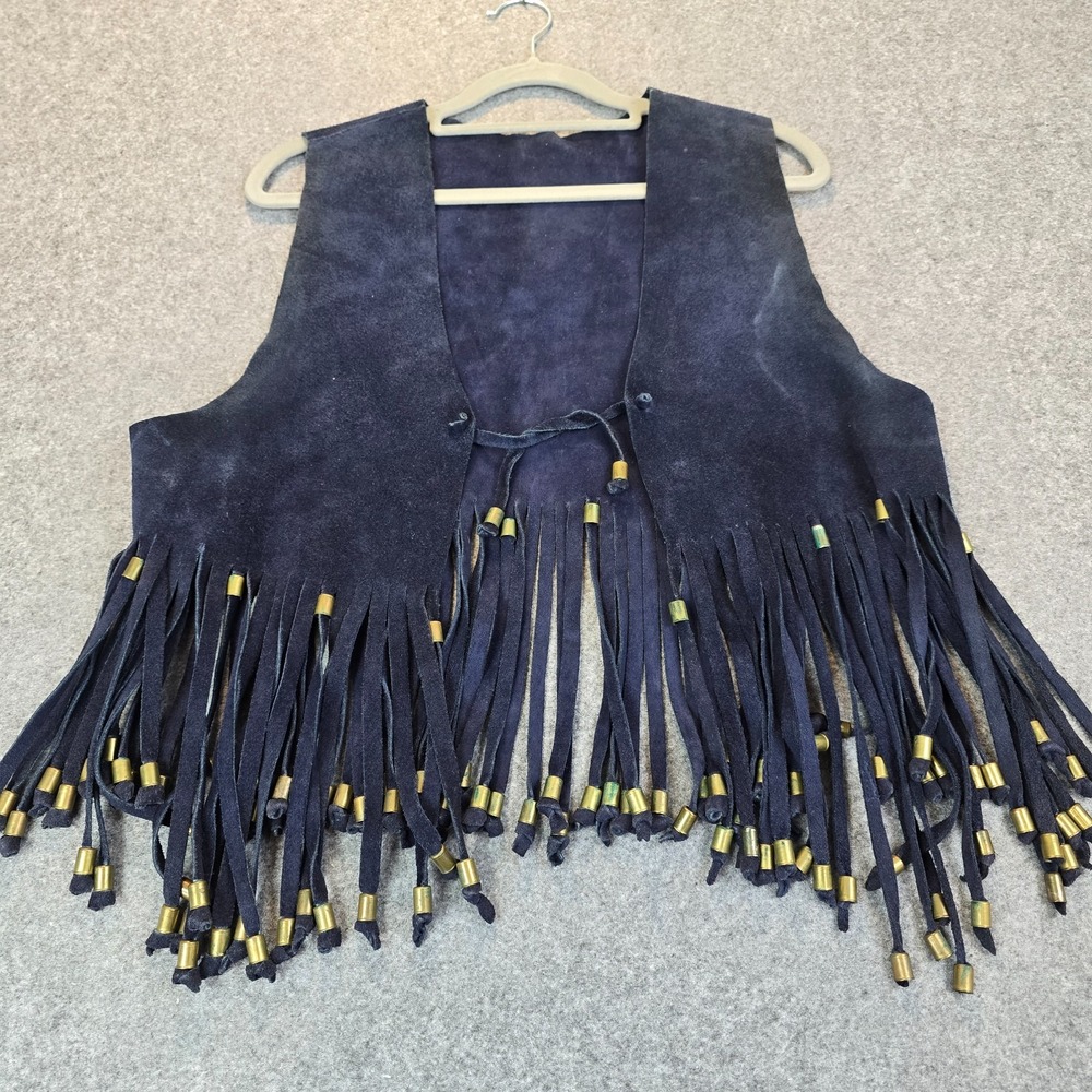 Vintage 80s Suede Leather Fringe Vest Womens Navy Blue Western Boho Open Front
